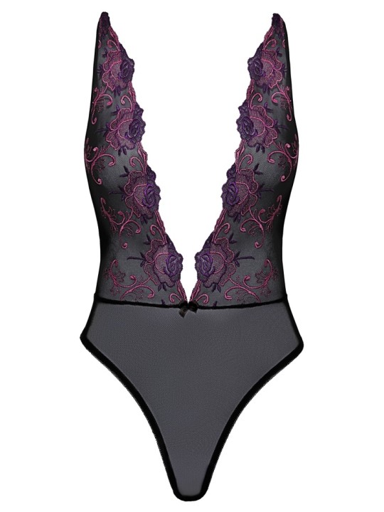 Body extra scollato di kissable realizzato in pregiato powernet nero con intricati ricami floreali