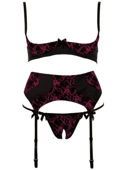 COMPLETO INTIMO ROSSO CON REGGISENO A BALCONCINO REGGICALZE E PERIZOMA APERTO