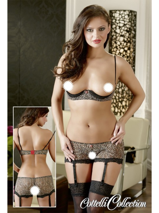 COMPLETO INTIMO LEOPARDATO REGGISENO MEZZA COPPA E CULOTTE APERTE "LEONA"