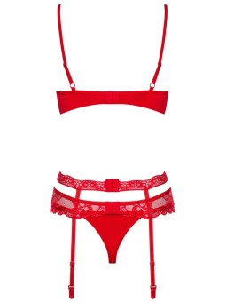 Reggiseno, reggicalze e perizoma rio in un set di seduzione in 3 pezzi con pizzo nobile e gioielli scintillanti di strass