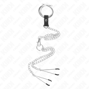 KINK - ANELLO PER PENE IN METALLO CROMATO TRIPLO DA 3 CM A 4,5 CM CON CATENA IN METALLO DA 26 CM E CLIP PER CAPEZZOLI - immagine 3