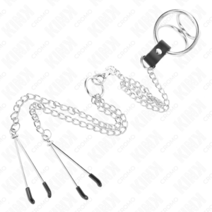 KINK - ANELLO PER PENE IN METALLO CROMATO TRIPLO DA 3 CM A 4,5 CM CON CATENA IN METALLO DA 26 CM E CLIP PER CAPEZZOLI - immagine 4