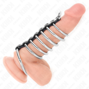 KINK - 7 ANELLI PER PENE IN METALLO DA 3,2 CM A 5 CM COLLEGATI DA PELLE - immagine 2