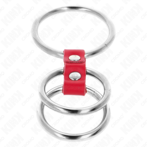 KINK - ANELLO PER PENE IN TRIPLO METALLO DA 3,7 CM A 5 CM COLLEGATO CON PELLE ROSSA - immagine 4